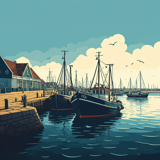 Illustratie van de haven van IJmuiden met vissersboten in woodcut-stijl